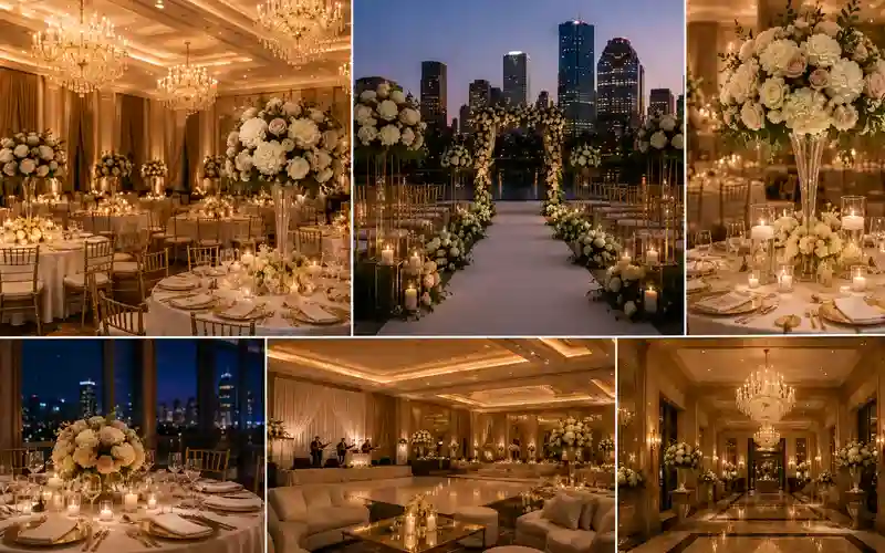 Luxury hotel and ballroom wedding venues in Houston featuring elegant reception halls, rooftop ceremony spaces, chandeliers, floral wedding decor, and upscale wedding celebration settings